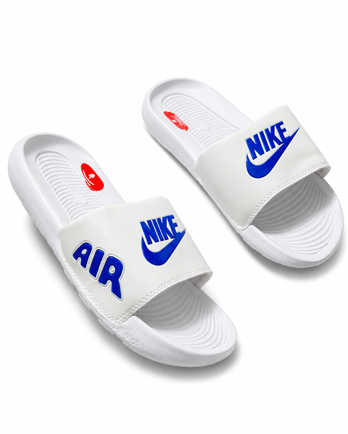 Chancletas Nike blanca letras azul air